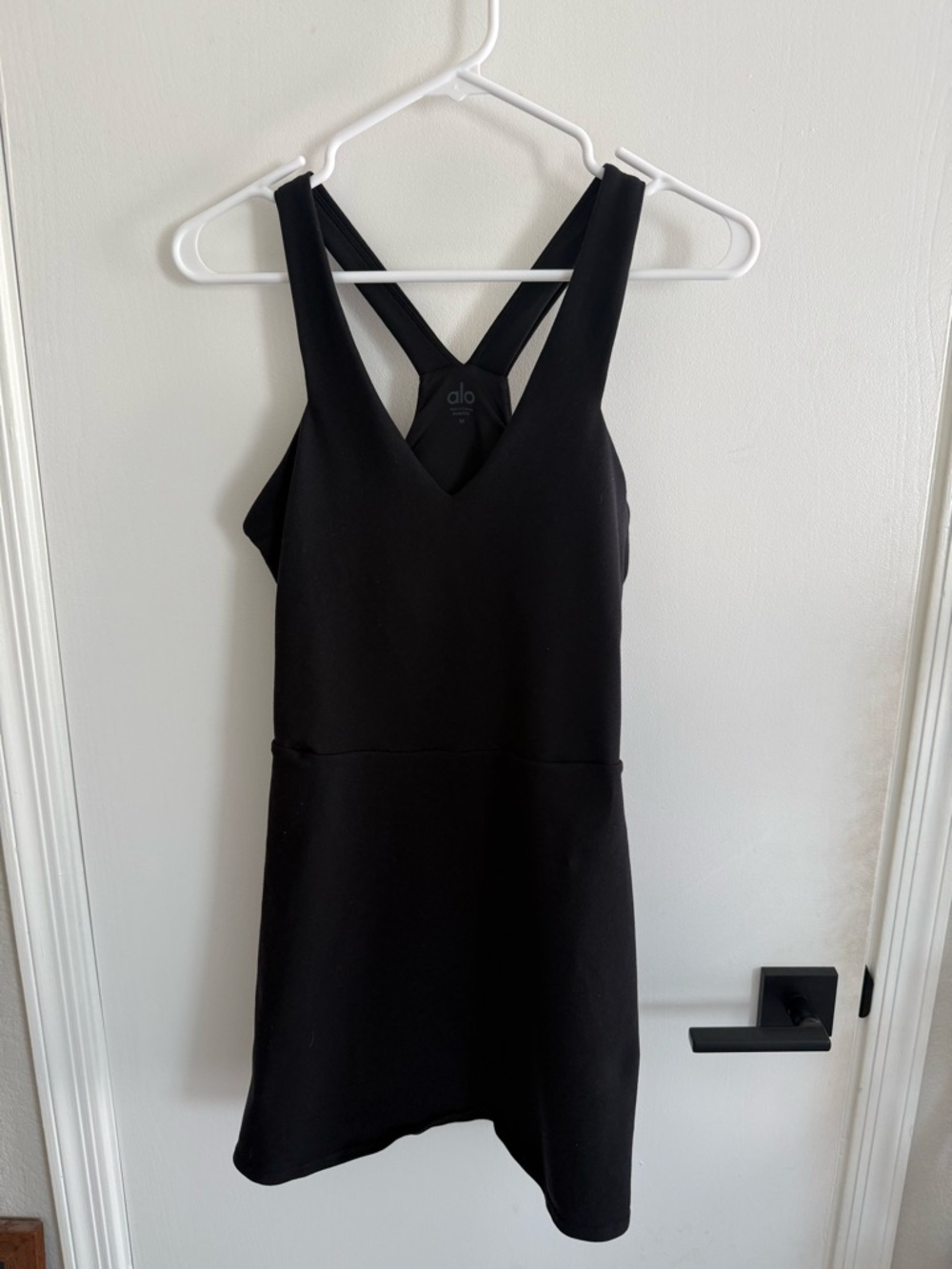 ALO Yoga Black V-Neck Cross-Back Skater Mini Dress